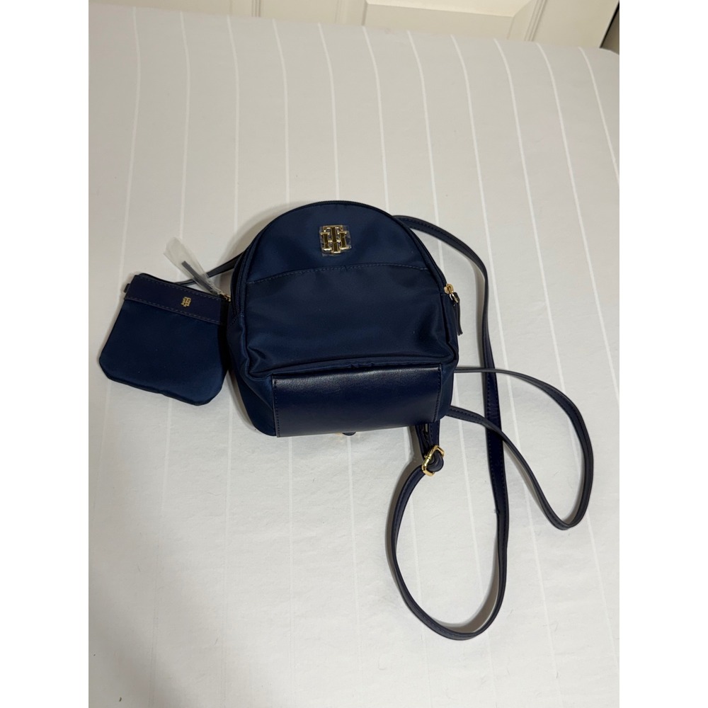 Tommy Hilfiger Mini Backpack Navy Blue Nylon Gold TH Logo with Pouch Bag